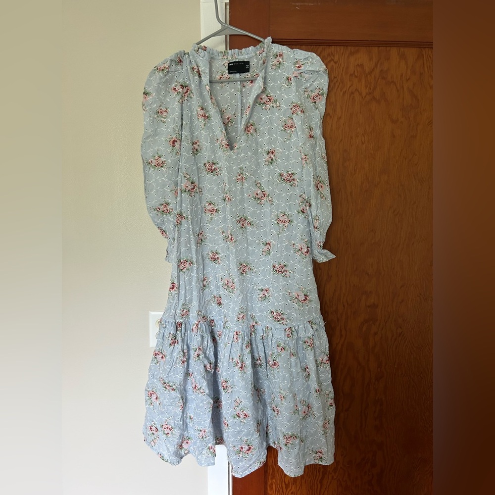ASOS Blue Floral Midi Dress Trapeze Smocked Sleeves Puff Shoulder. - Picture 5 of 6